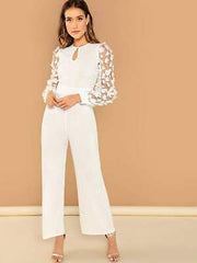 3D Applique Sheer Sleeve Keyhole Front Jumpsuit - changed