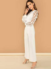 3D Applique Sheer Sleeve Keyhole Front Jumpsuit - changed