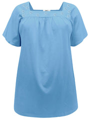 20 22 24 26 PLUS SIZE BLUE COTTON SQUARE NECK TOP SMOCK