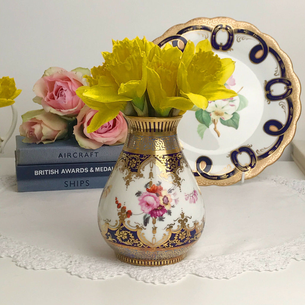 Antique cobalt blue and handpainted flower decorated porcelain vase