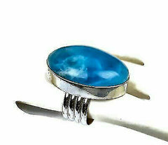 test Gu size 7 big dominican natural nice blue larimar ring .925 handmade