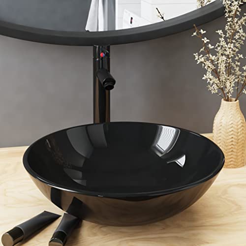Bathroom Sink with Black Tap and Push Drain Tempered Glass Round Countertop Basin Pop Up Waste Plug Modern Basin for Vanity Unit