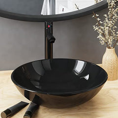 Bathroom Sink with Black Tap and Push Drain Tempered Glass Round Countertop Basin Pop Up Waste Plug Modern Basin for Vanity Unit