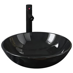Bathroom Sink with Black Tap and Push Drain Tempered Glass Round Countertop Basin Pop Up Waste Plug Modern Basin for Vanity Unit