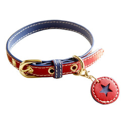 Handmade Leather 4th of July Dog Collar and Leashn | Independance Day Captain America Red and Blue Luxury Collar