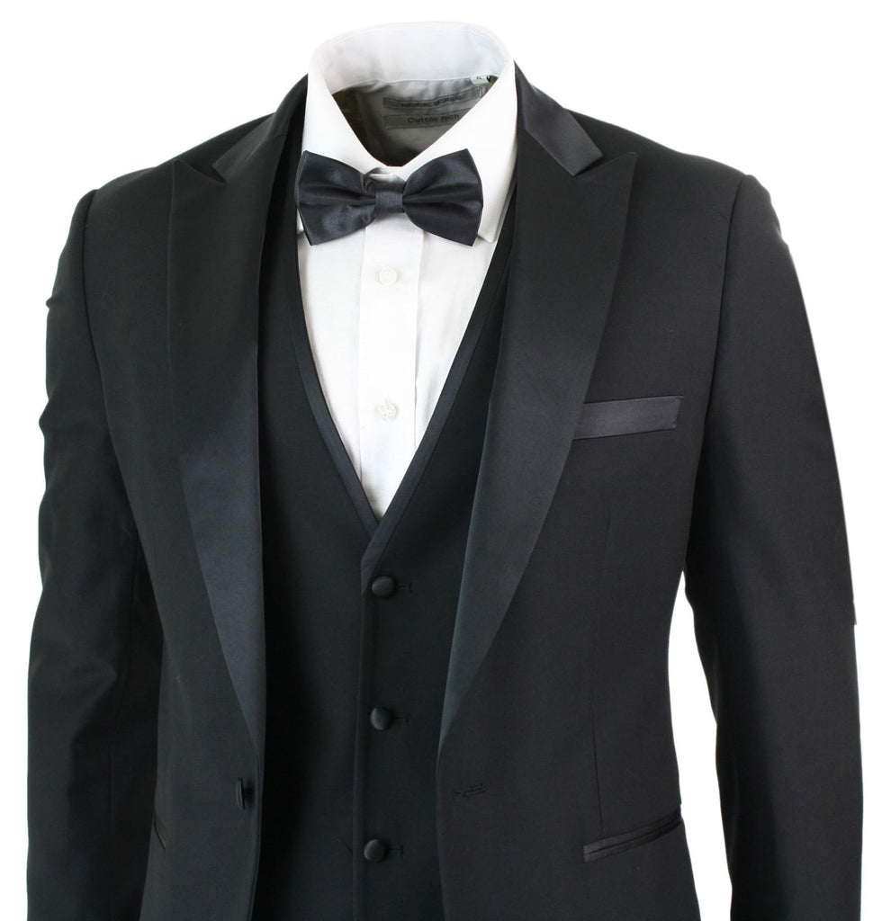 Mens 3 Piece Black Classic Satin Tuxedo Dinner Suit Tailored Fit..