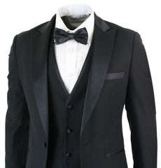 Mens 3 Piece Black Classic Satin Tuxedo Dinner Suit Tailored Fit..