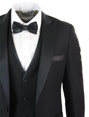 Mens 3 Piece Black Classic Satin Tuxedo Dinner Suit Tailored Fit..