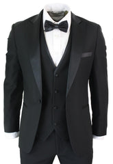 Mens 3 Piece Black Classic Satin Tuxedo Dinner Suit Tailored Fit..