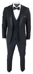 Mens 3 Piece Black Classic Satin Tuxedo Dinner Suit Tailored Fit..