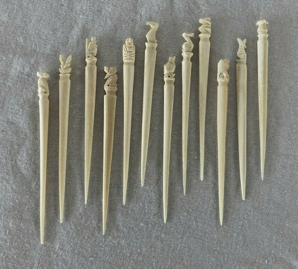 12 Vtg Totem Carved bone PICKS Appetizers Hors d 'Oeuvres 60s Tiki