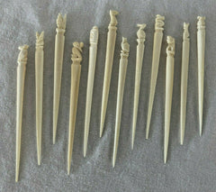 12 Vtg Totem Carved bone PICKS Appetizers Hors d 'Oeuvres 60s Tiki