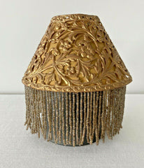 Antique Edwardian Pierced Filigree Metal Candle / Oil Lamp Shade w/ Beaded Liner