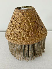 Antique Edwardian Pierced Filigree Metal Candle / Oil Lamp Shade w/ Beaded Liner