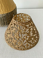 Antique Edwardian Pierced Filigree Metal Candle / Oil Lamp Shade w/ Beaded Liner