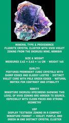 Okorusu fluorite crystal cluster, purple cubic fluorite with green zoning, raw mineral specimen, namibia