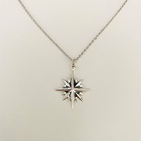 North Star necklace, star silver pendant, 16 point star necklace, starburst