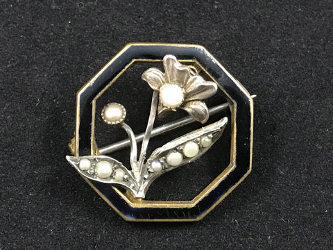 Victorian black enamel and seed pearl mourning brooch in gilt metal