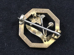 Victorian black enamel and seed pearl mourning brooch in gilt metal