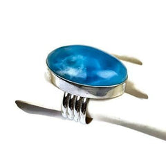 New gu-ma 2 size 7 big dominican natural nice  blue  larimar  ring  .925 handmade