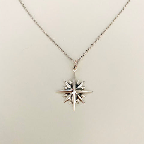 North Star necklace, star silver pendant, 16 point star necklace, starburst pendant, celestial, gift , silver star necklace