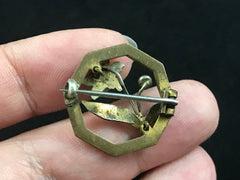 Victorian black enamel and seed pearl mourning brooch in gilt metal