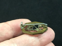 Victorian black enamel and seed pearl mourning brooch in gilt metal