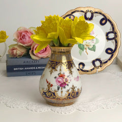 Antique cobalt blue and handpainted flower decorated porcelain vase