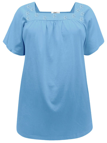 20 22 24 26 PLUS SIZE BLUE COTTON SQUARE NECK TOP SMOCK