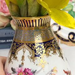 Antique cobalt blue and handpainted flower decorated porcelain vase