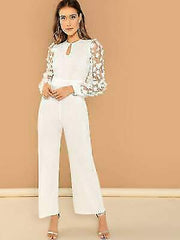 3D Applique Sheer Sleeve Keyhole Front Jumpsuit -