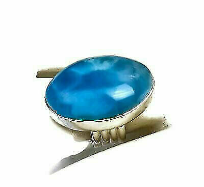 test Gu size 7 big dominican natural nice  blue  larimar  ring  .925 handmade