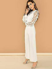 3D Applique Sheer Sleeve Keyhole Front Jumpsuit -