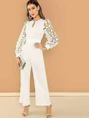 3D Applique Sheer Sleeve Keyhole Front Jumpsuit -