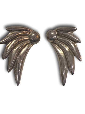 Large Taxco Sterling Silver Wings Earrings Mid Century Statement Jewelry 2 inch