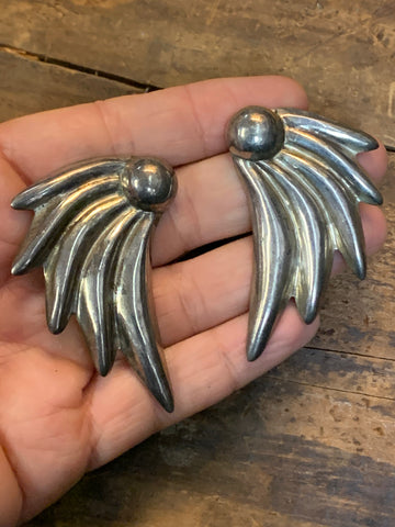 Large Taxco Sterling Silver Wings Earrings Mid Century Statement Jewelry 2 inch