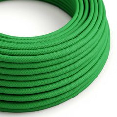 Green round electric cable, covered by cotton solid fabric, color white, textile lamp wire.