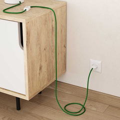 Green round electric cable, covered by cotton solid fabric, color white, textile lamp wire.