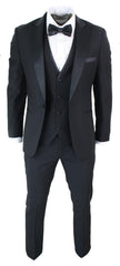 Mens 3 piece black classic satin tuxedo dinner suit tailored fit wedding prom