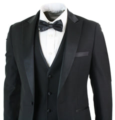 Mens 3 piece black classic satin tuxedo dinner suit tailored fit wedding prom