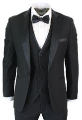 Mens 3 piece black classic satin tuxedo dinner suit tailored fit wedding prom