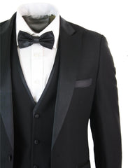 Mens 3 piece black classic satin tuxedo dinner suit tailored fit wedding prom