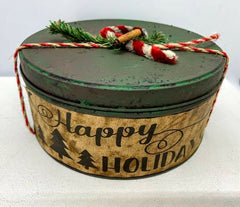 Christmas primitive early american  cinnamon dusted holiday tin pine greens