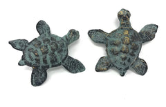 Set of Patina Green & Gold Turtle Garden Figures - Cast Iron Statue for Patio Planter or Pot Accent