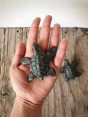 Set of Patina Green & Gold Turtle Garden Figures - Cast Iron Statue for Patio Planter or Pot Accent