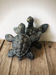 Set of Patina Green & Gold Turtle Garden Figures - Cast Iron Statue for Patio Planter or Pot Accent