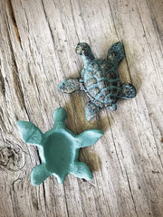 Set of Patina Green & Gold Turtle Garden Figures - Cast Iron Statue for Patio Planter or Pot Accent