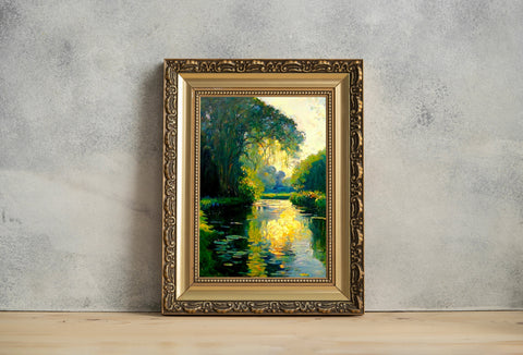 Printable Sunlit Pond landscape Oil Painting, Vintage Landscape Art Print, Country Field, Wall Art, Countryside painting, Digital Download