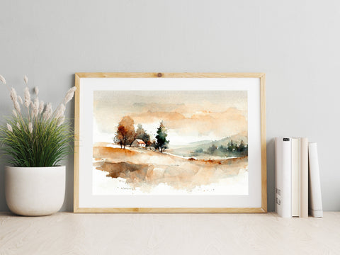 Printable Watercolor Field Painting Landscape, Vintage Landscape Art Print, Field Wall Art Digital Download, Watercolor Landscape Print