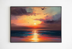 Printable ocean sunset sunrise landscape Oil Painting, Vintage Landscape Print, Wall Art, Seaside painting, Seascape print, Digital Download